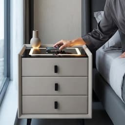 White nightstand — USB port and Bluetooth speaker