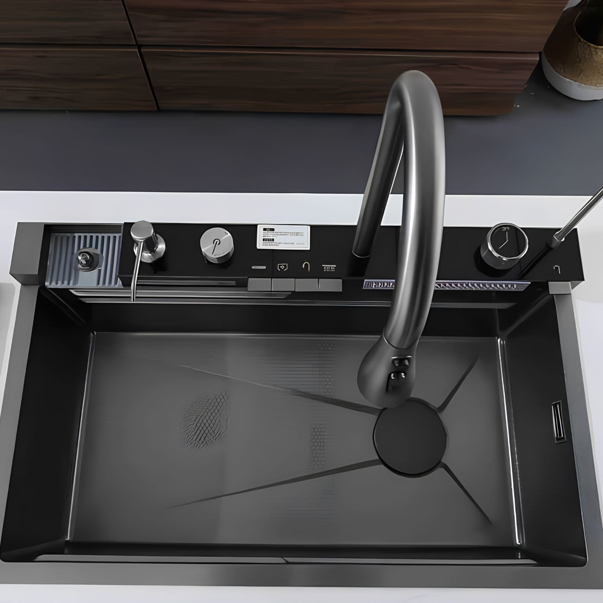 Top view — black central panel with LED display, dispenser and glass rinser