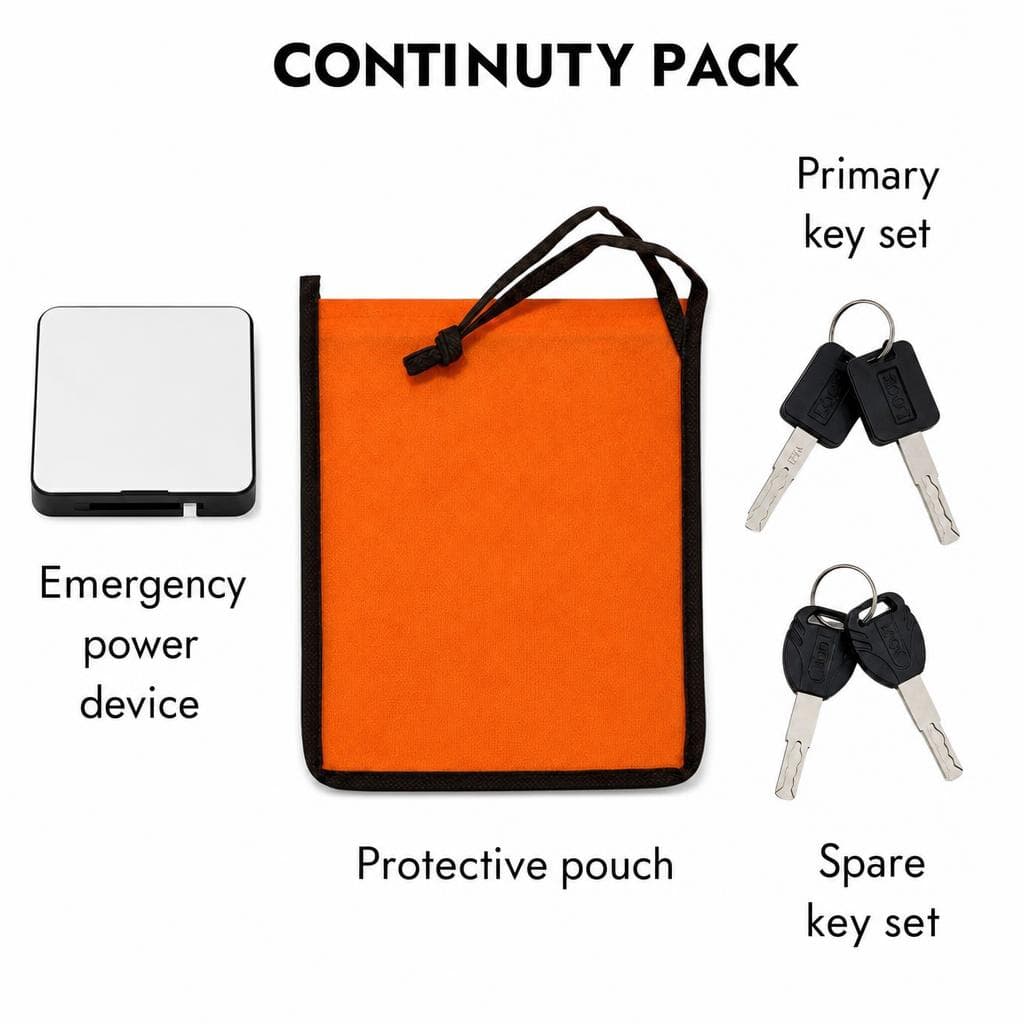 INEO SF02 box contents — emergency power device, pouch, main and backup key sets
