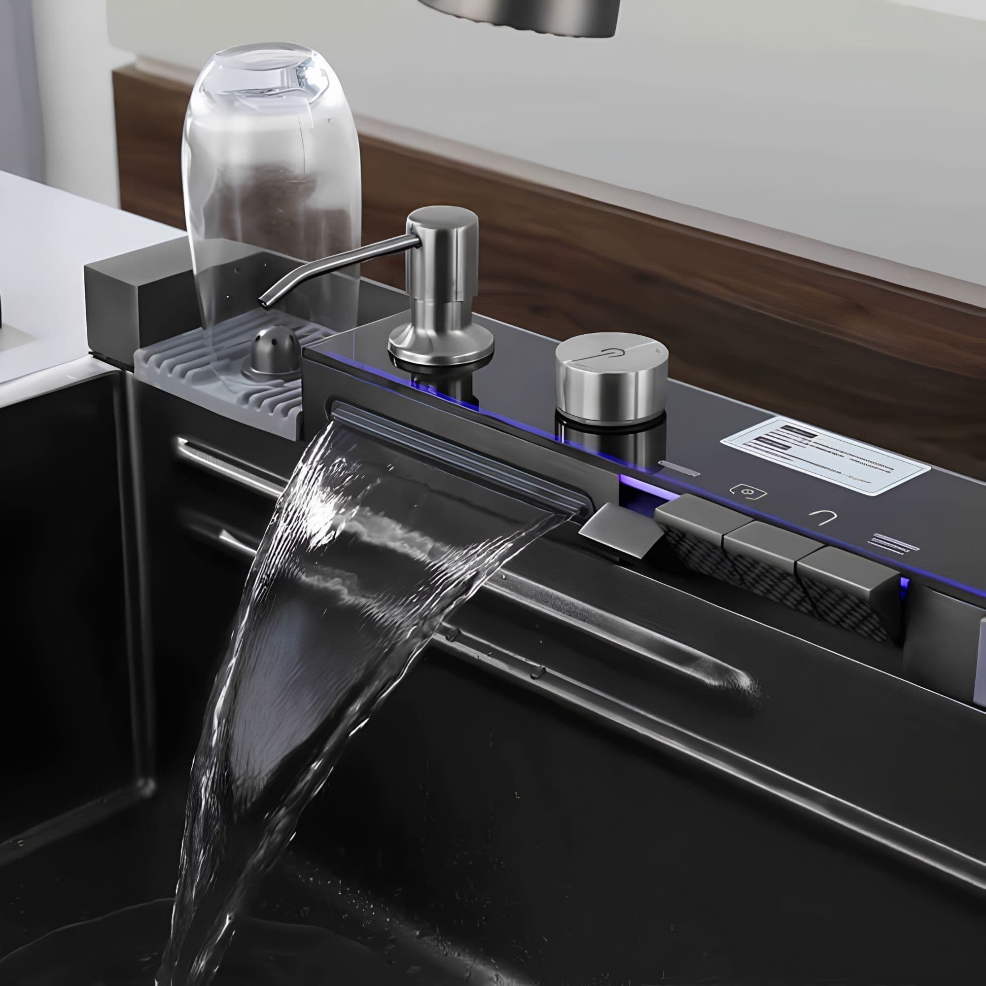 Rainfall cascade detail with detergent dispenser and glass rinser