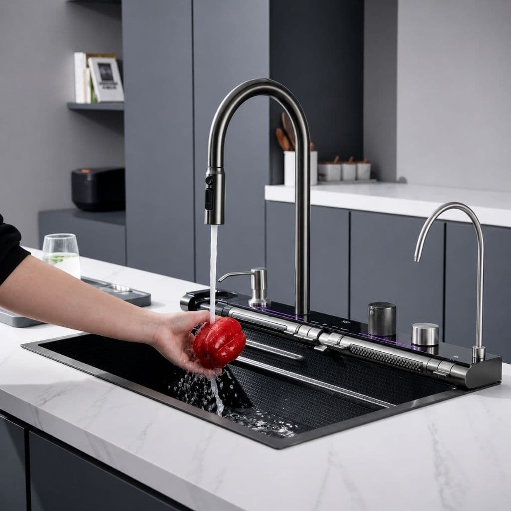 Washing fruit under the extendable flexible tap
