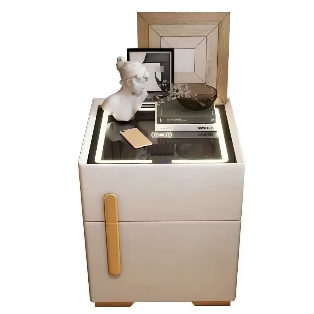 Smart nightstand with safe — full view with glass top, wireless charging and LED lighting