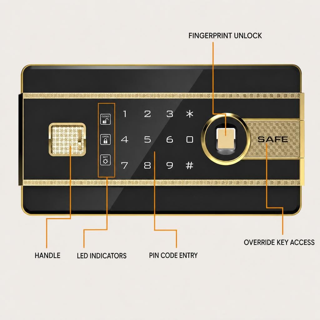 Control panel detail — fingerprint + keypad + key