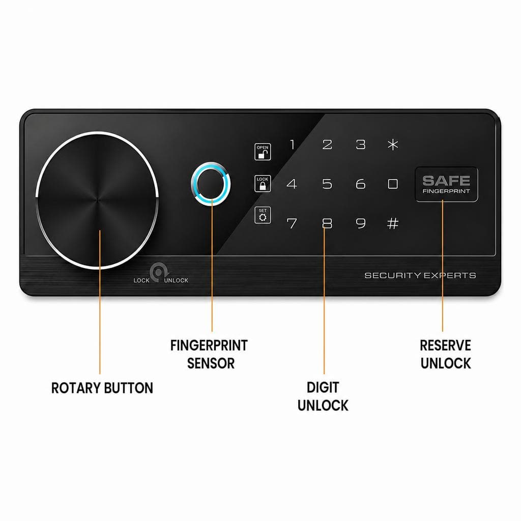 Control panel — rotary button, fingerprint, code, backup