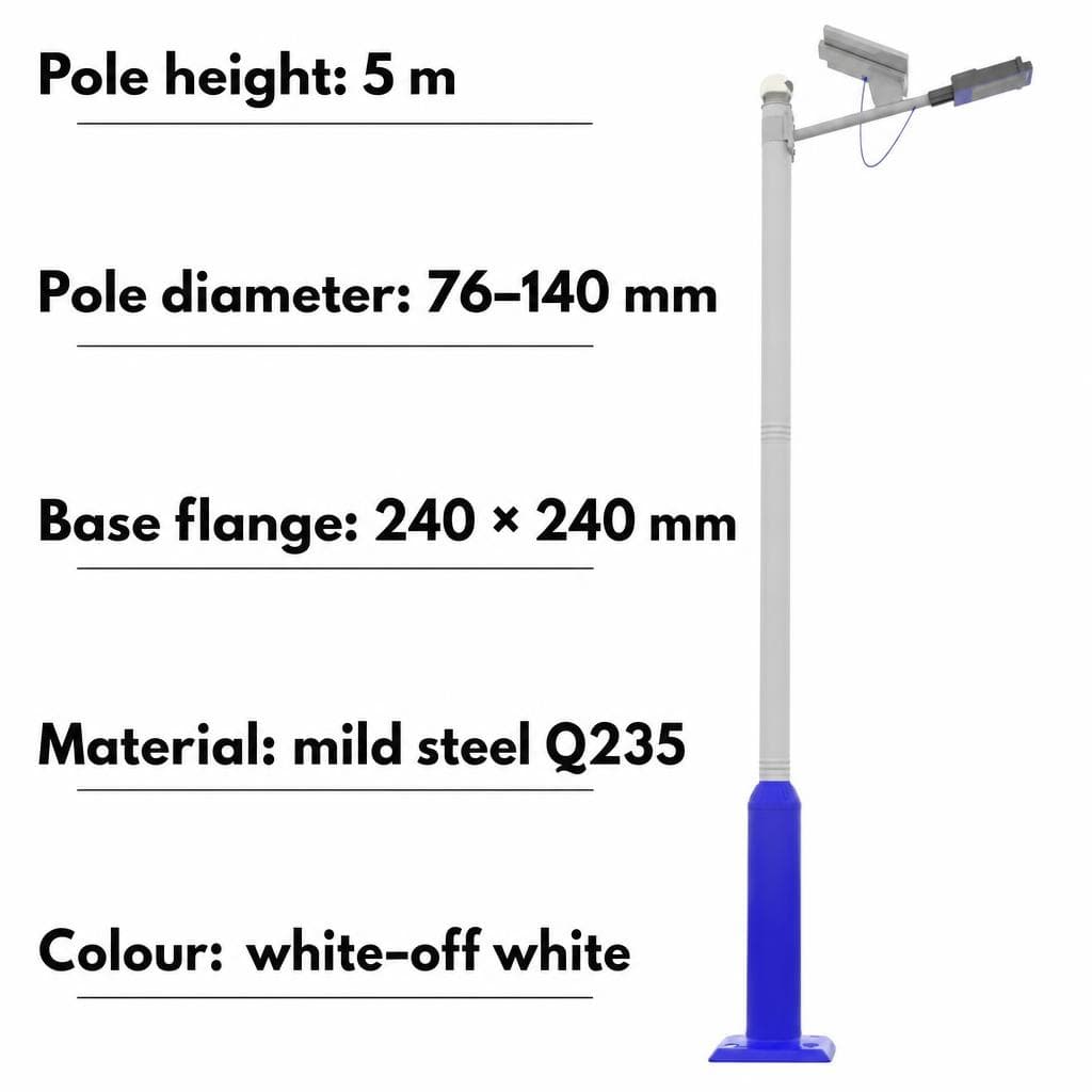 Dimensions — height 5 m, diameter 76–140 mm, foundation 240 × 240 mm, Q235 steel