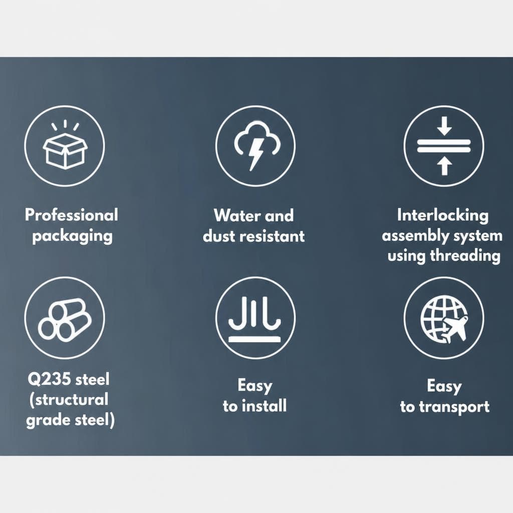 Key features — professional packaging, water- and rust-resistant, screw-joined assembly